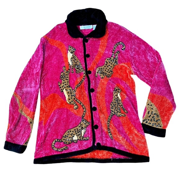 “THAT SWEATER” Neon Pink & Orange Chetah w/ Sequencing & Chenille - Picture 3 of 12